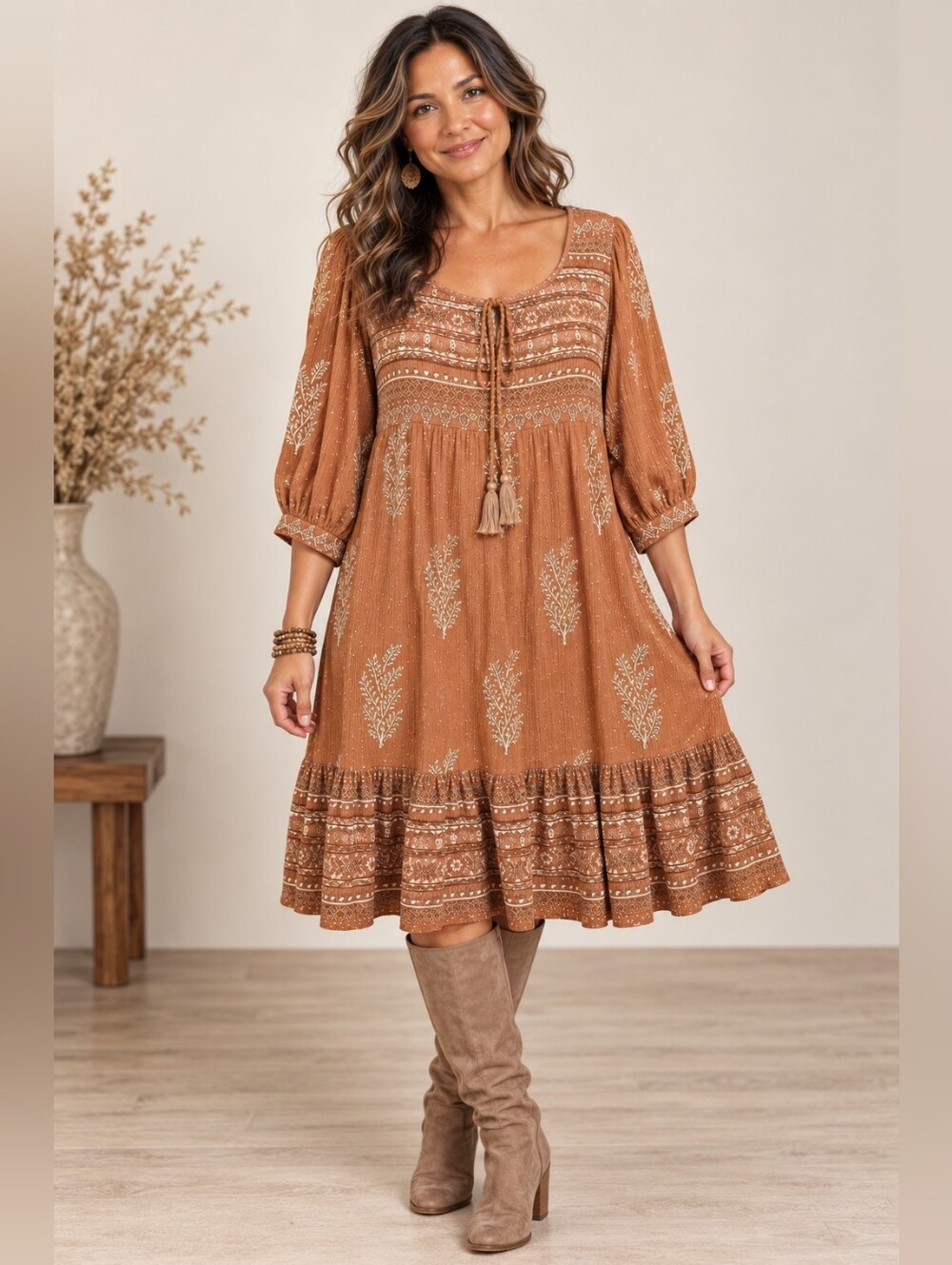 Daughters of India Rust Block Print Lurex Boho Midi Dress M A371